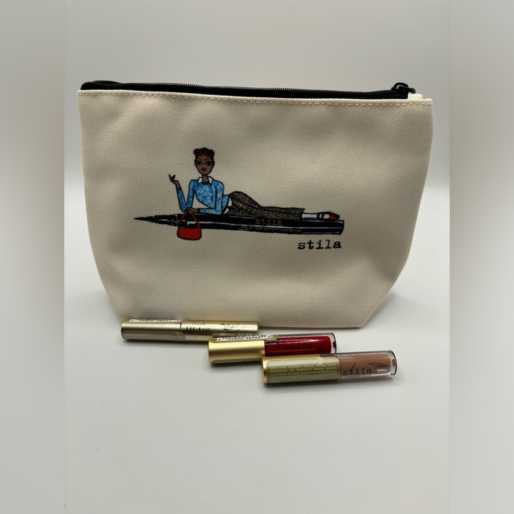 Stila 4pc Gift Set Bag Liquid Lipstick Eyeshadow Mascara Sleepover Makeup Beauty